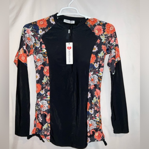 Kate Kasin Other - NWT Women’s Kate Kasin Long Sleeve Rash Guard Swim Top Shirt Black & Floral - S